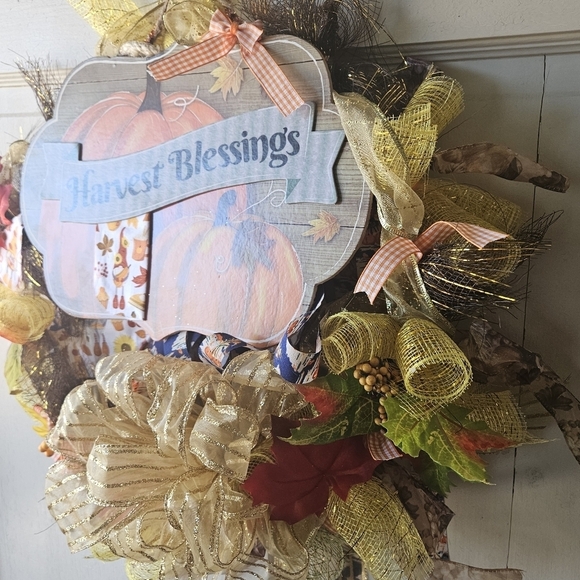 Hand Crafted handmade holiday wreath Harvest Blessings Gnome fabric plaid ribbon - Picture 15 of 17